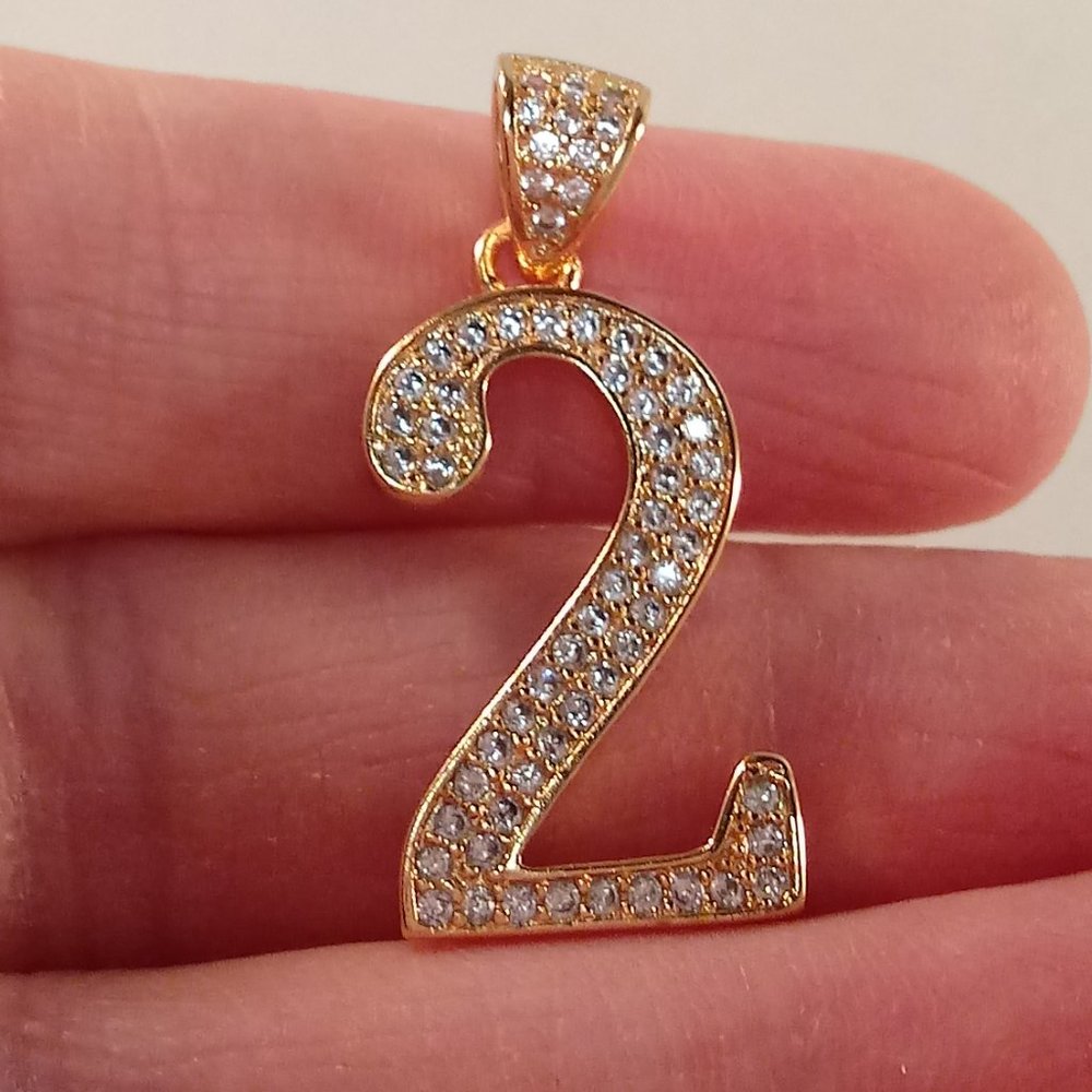18K Yellow Gold Filled Number 2 Two Symbol Diamond Zircon Necklace Pendant Gift